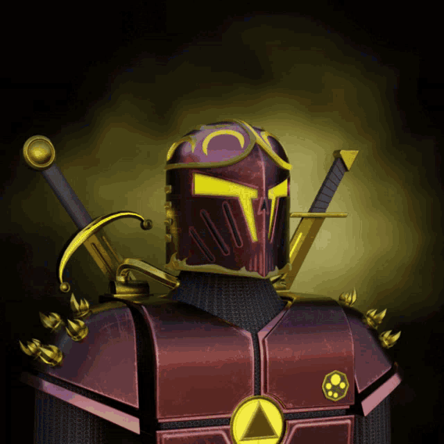 a purple and gold knight with a sword and shield