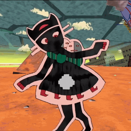 a cartoon drawing of a cat wearing a black dress