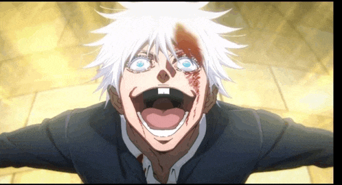 a cartoon character with white hair and blood on his face is smiling
