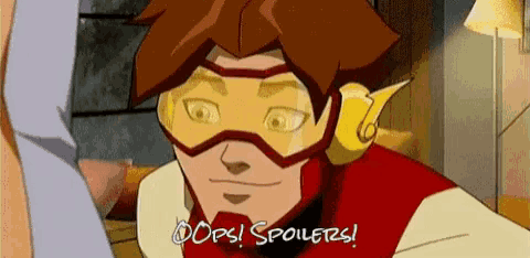 a cartoon character with the words oops spoilers written on his face .