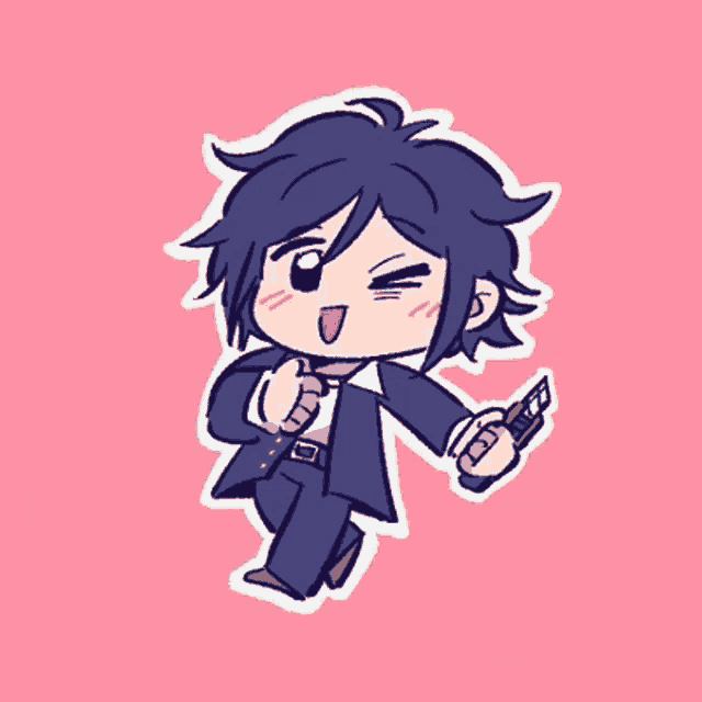 a cartoon drawing of a boy in a suit holding a red object