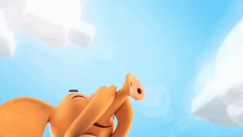a cartoon pig is looking up at the sky with clouds in the background