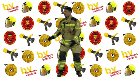 a man in a fireman 's uniform is surrounded by bombers valencia logos
