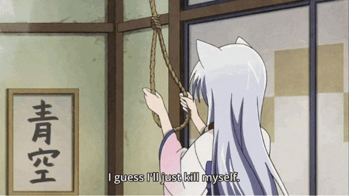 a cartoon girl is hanging herself with a rope and says i guess i 'll just kill myself