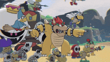 a group of cartoon characters including bowser and koopa are standing in a line