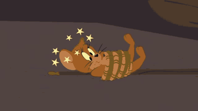 a cartoon jerry is tied up with a rope and has stars around his head