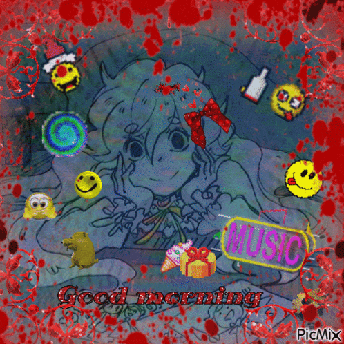 a drawing of a girl with smiley faces and a sign that says music on it