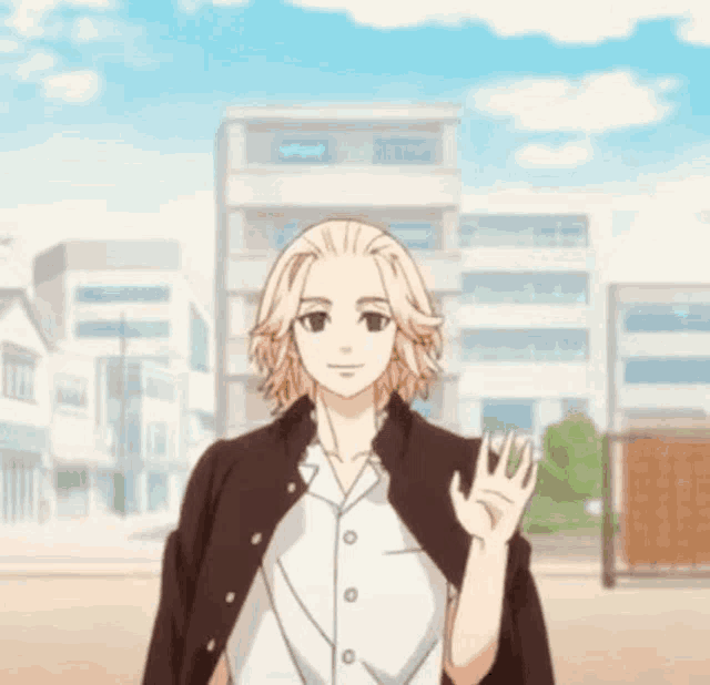 a cartoon character is standing in front of a city and waving at the camera .
