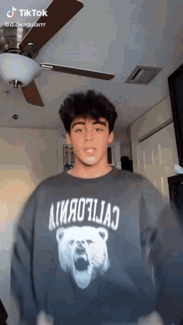a young man wearing a grey sweater with a polar bear on it is standing in front of a ceiling fan .