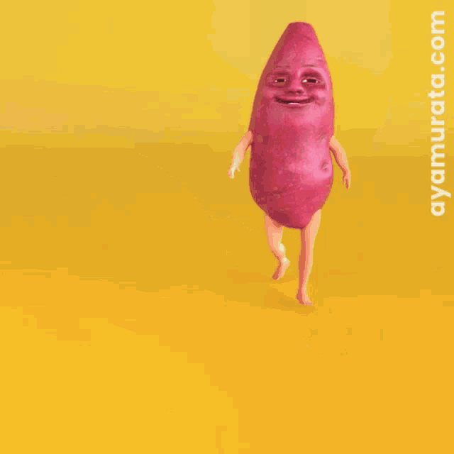 a cartoon drawing of a potato with a face and arms and the website ayamurato.com at the bottom
