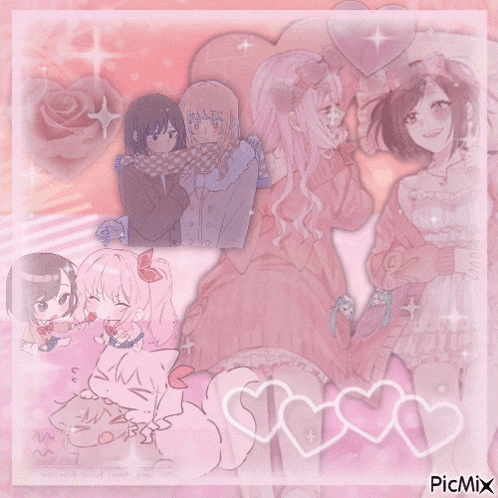 a picture of a couple of girls with hearts around them and the words picmix on the bottom