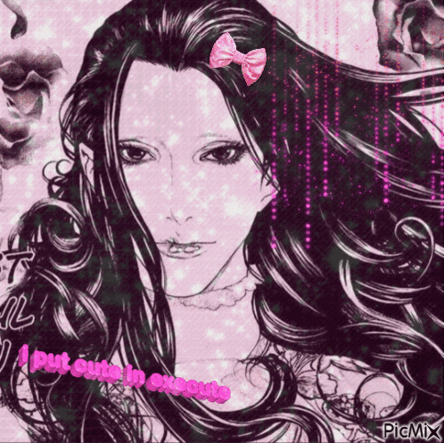 a drawing of a woman with a pink bow in her hair and the words put cute in execute on the bottom