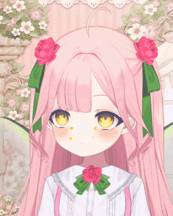 a girl with pink hair and pink flowers in her hair has her eyes closed