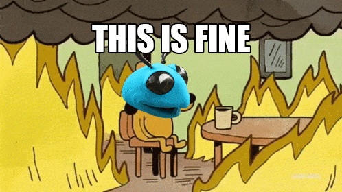 a cartoon of a bug sitting at a table with the words this is fine above him