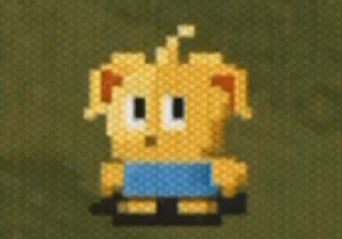 a pixel art of a yellow and blue cartoon character with a blue shirt on a green background .