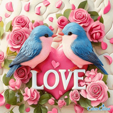 two birds kissing on a pink heart with the word love written on it