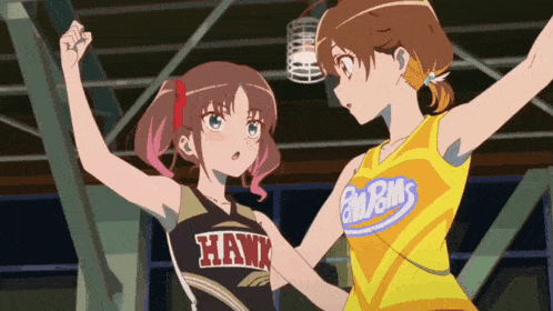 a cheerleader for the hawks stands next to a cheerleader for the storms
