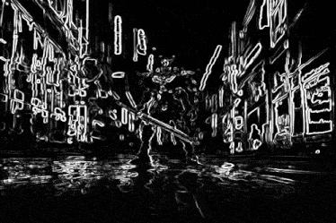 a black and white drawing of a person holding a sword in a dark alleyway