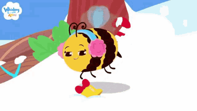 a bee wearing ear warmers and holding a bell is standing in the snow .