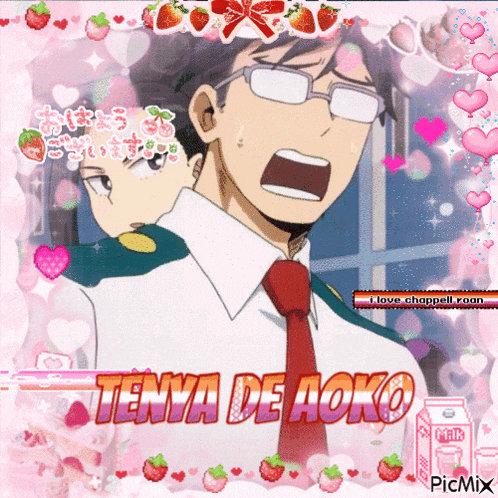 a picture of tenya de aoko with strawberries and hearts around it