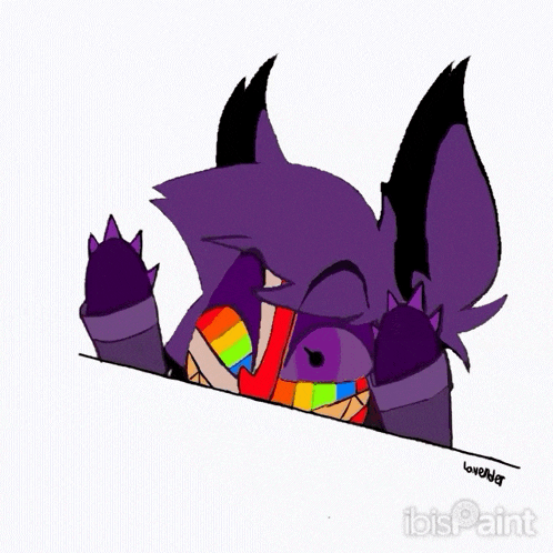 a drawing of a purple cat with a rainbow mouth