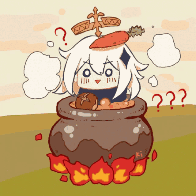 a cartoon drawing of a girl with a carrot on her head and a question mark