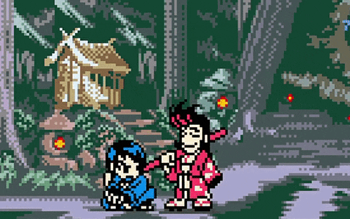 a pixel art of two people standing next to each other in front of a house