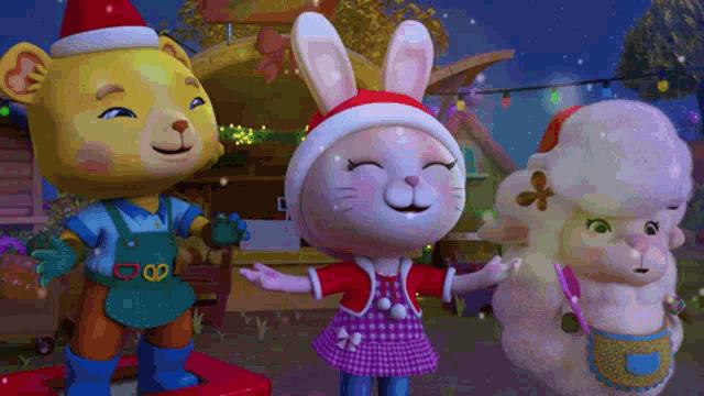 a cartoon character wearing a santa hat is standing next to a sheep
