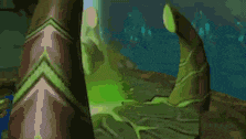 a video game scene with a green glowing object in the middle of a forest .