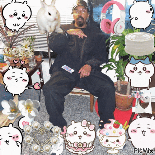 a man sits in a chair with a remote control in his hand surrounded by cartoon characters and a rabbit
