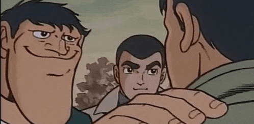 a group of cartoon characters are standing next to each other and one of them has a big smile on his face .