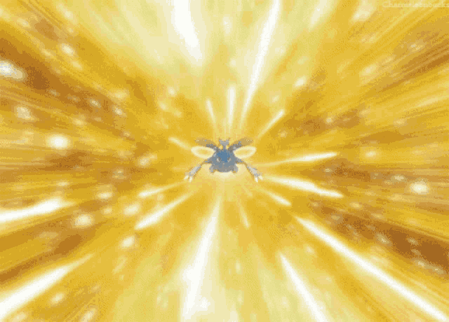 a blue cartoon character with a white stripe on its head is surrounded by yellow light