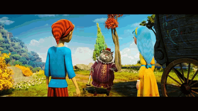 three cartoon characters standing next to each other with one wearing a blue headband