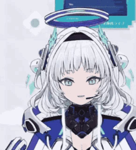 a cartoon girl with white hair and green eyes is wearing headphones and a halo .