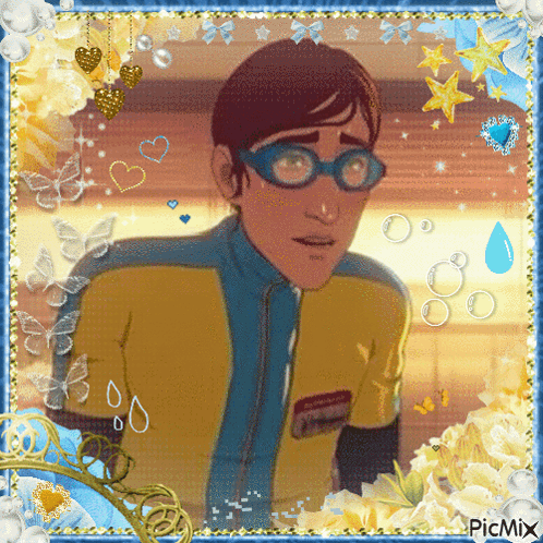 a picture of a man wearing glasses is surrounded by flowers and hearts