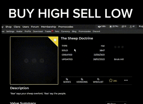 a screenshot of the sheep doctrine with the words buy high sell low