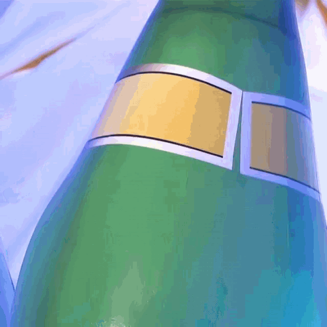 a green bottle has a yellow and silver stripe on the side