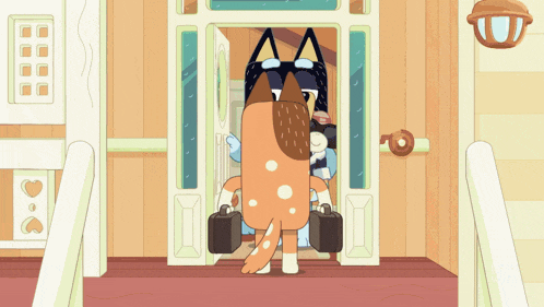 a cartoon of a dog carrying two briefcases in a doorway