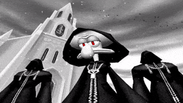 squidward from kingdom hearts stands in front of a white building