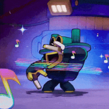 a cartoon character is dancing in front of a purple background with music notes