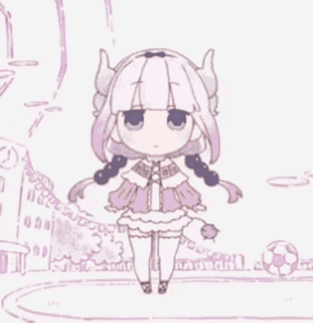 a little girl with horns is standing in front of a building in a cartoon .