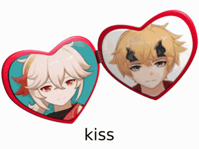 a heart shaped mirror with two pictures of anime characters on it and the word kiss below it