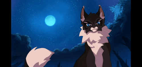 a black and white cat with blue eyes is sitting in front of a full moon