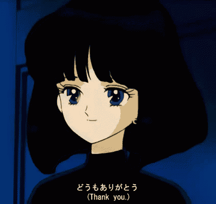a girl with black hair and purple eyes is saying thank you
