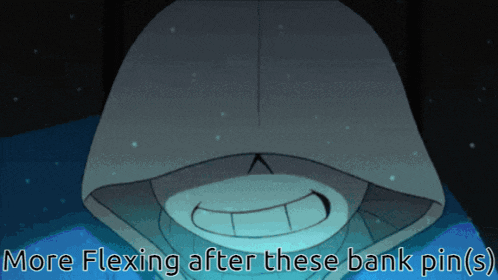 a cartoon character with the words more flexing after these bank pins on the bottom