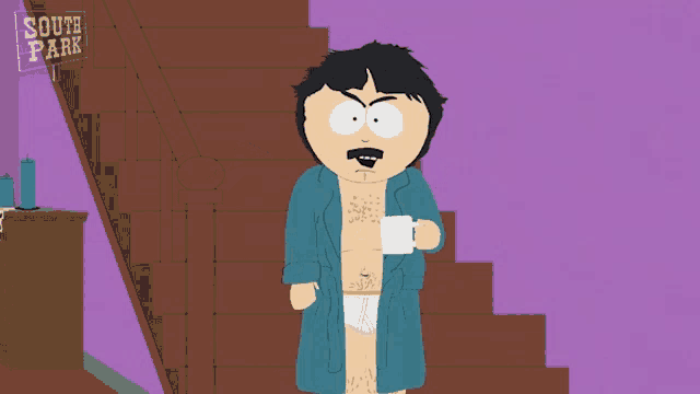 a cartoon character from south park says aw crap while holding a cup of coffee