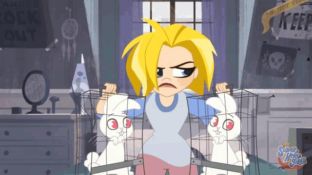 a cartoon of a girl holding two rabbits in a cage with a sign that says " do not cross "
