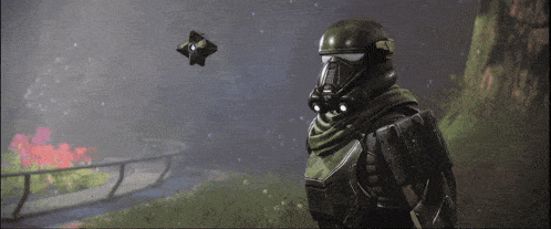 a man in a helmet stands in front of a floating object