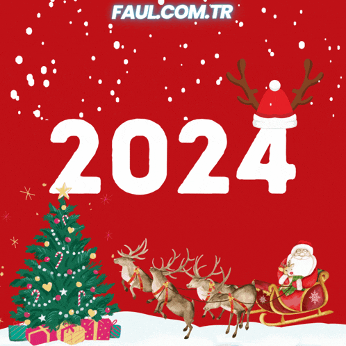 a red background with a christmas tree and the number 2024