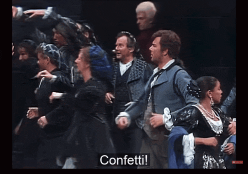 a group of people are dancing in a dark room and the word confetti is on the bottom